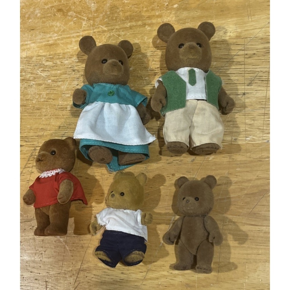 Vintage 1986 Maple Town Story Bears Set Of 5 Figures Flocked Bandai Japan